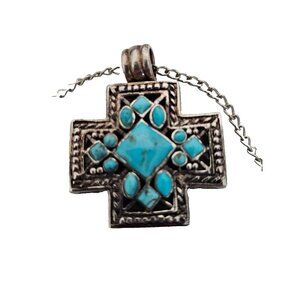 925 Sterling Silver Cross NK Thailand Pendant with Turquoise Gemstones